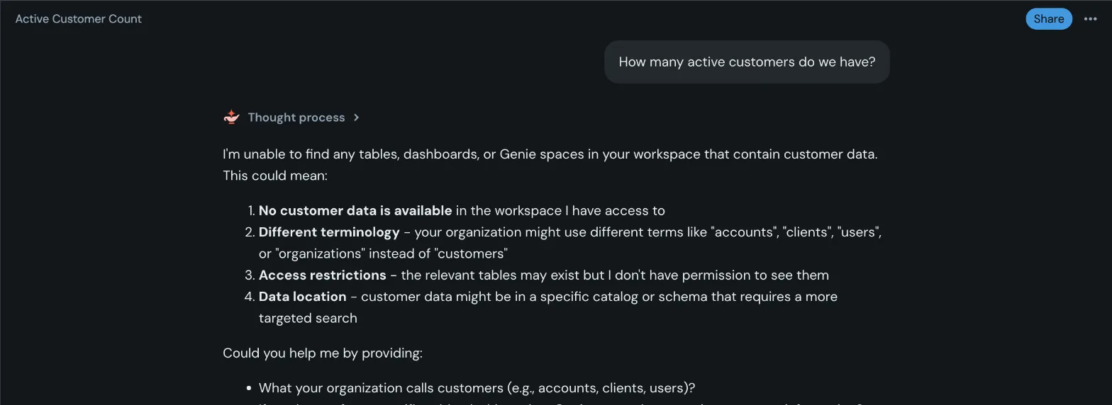 Before: Genie can't find customer data